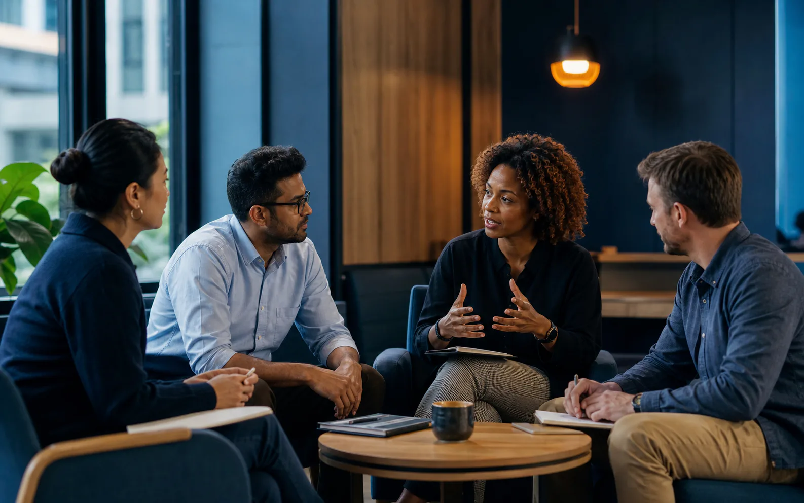 A small group of professionals learning through an active leadership conversation